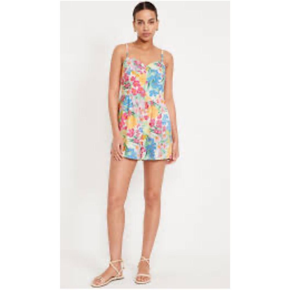 Old Navy Fit & Flare Cami Floral Linen Blend Romper Womens Size S